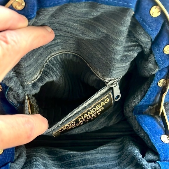 💙LIDO Handbag,Vibrant Blue Suede Leather, Made in USA,Blue/Gold Woven Chain,EUC - Picture 10 of 12